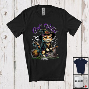 MacnyStore - Personalized Custom Name Cat Witch, Adorable Halloween Cat With Broom, Family Group T-Shirt