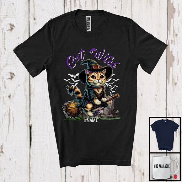 MacnyStore - Personalized Custom Name Cat Witch, Adorable Halloween Cat With Broom, Family Group T-Shirt