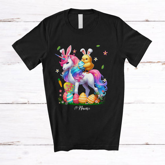 MacnyStore - Personalized Custom Name Chick Ridding Unicorn; Amazing Easter Eggs Hunting; Family T-Shirt