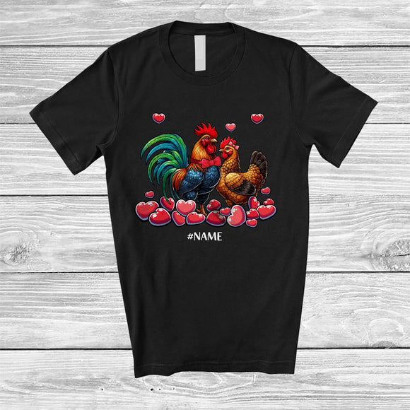 MacnyStore - Personalized Custom Name Chicken Couple; Lovely Valentine Hearts Chicken Farmer Animal; Family T-Shirt