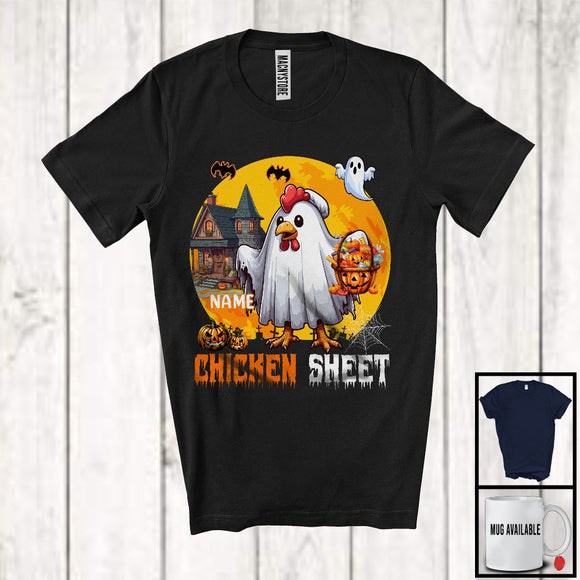 MacnyStore - Personalized Custom Name Chicken Sheet, Adorable Halloween Moon Boo Ghost Chicken Lover T-Shirt