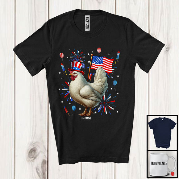 MacnyStore - Personalized Custom Name Chicken, Lovely 4th Of July American Flag Fireworks, Chicken Patriotic T-Shirt