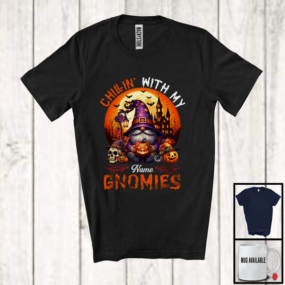 MacnyStore - Personalized Custom Name Chillin' With My Gnomies, Amazing Halloween Witch Gnomes Pumpkin Skull T-Shirt