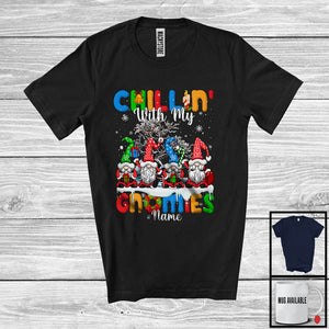 MacnyStore - Personalized Custom Name Chillin' With My Gnomies, Lovely Christmas Tree Four Gnomes, Candy Cane T-Shirt