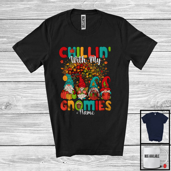 MacnyStore - Personalized Custom Name Chillin' With My Gnomies, Lovely Thanksgiving Four Gnomes, Fall Leaves Tree T-Shirt