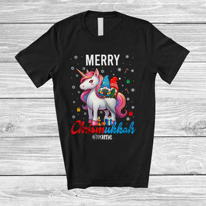 MacnyStore - Personalized Custom Name Chrismukkah; Amazing Christmas Hanukkah Two Gnomes On Unicorn T-Shirt