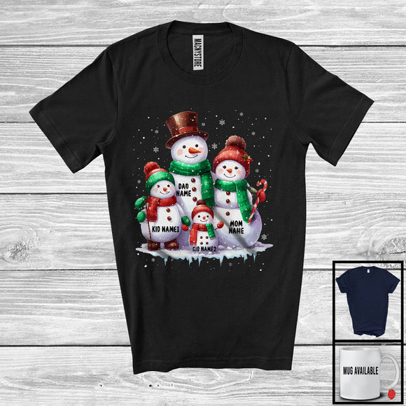 MacnyStore - Personalized Custom Name Christmas Family Snowman; Merry X-mas Dad Mom Snowing Family T-Shirt