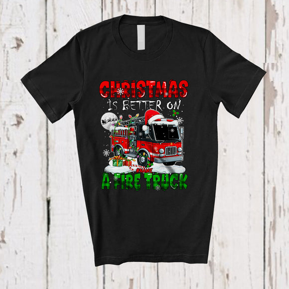 MacnyStore - Personalized Custom Name Christmas Is Better On A Fire Truck; Amazing X-mas Lights Snow Plaid T-Shirt