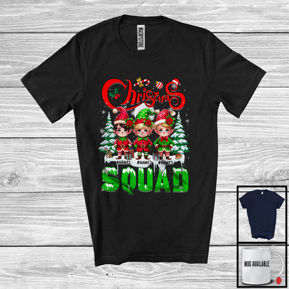 MacnyStore - Personalized Custom Name Christmas Squad; Adorable X-mas Tree Three ELF; Family Group T-Shirt