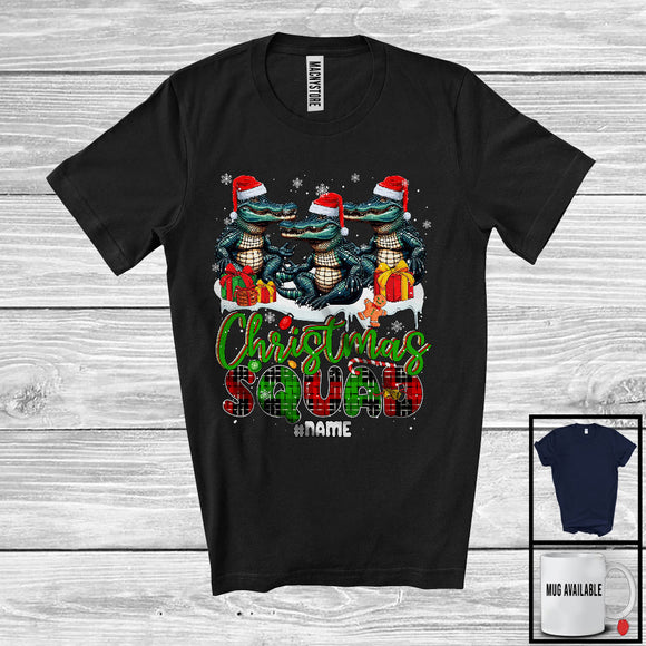 MacnyStore - Personalized Custom Name Christmas Squad; Lovely Plaid Three Santa Alligators; Animal Lover T-Shirt