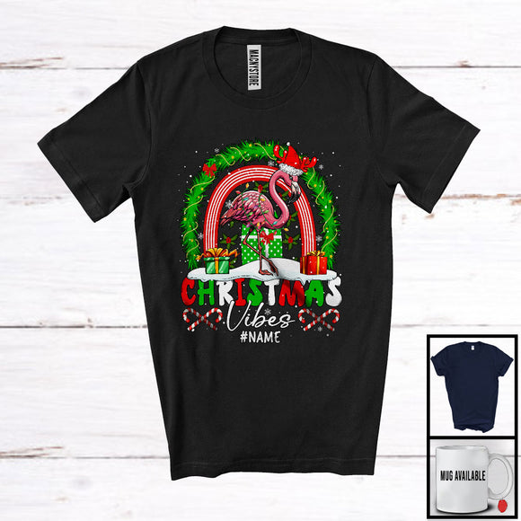 MacnyStore - Personalized Custom Name Christmas Vibes; Fantastic X-mas Flamingo Reindeer Rainbow; Family T-Shirt