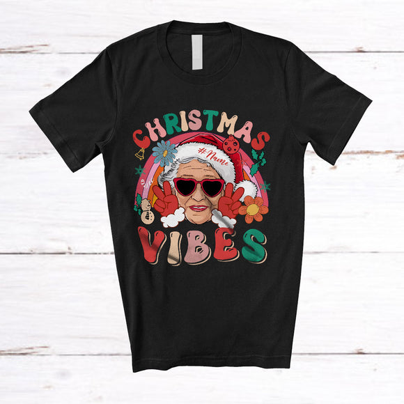 MacnyStore - Personalized Custom Name Christmas Vibes; Humorous Rainbow Groovy; Santa Old Woman Face T-Shirt