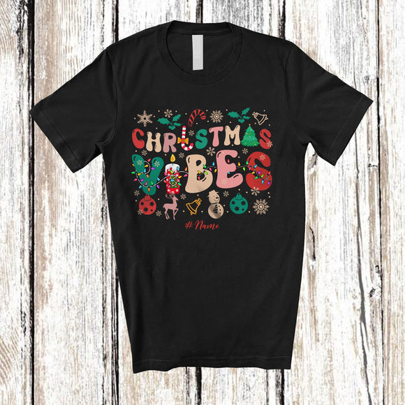 MacnyStore - Personalized Custom Name Christmas Vibes; Wonderful X-mas Light Snowing Groovy; Family T-Shirt