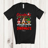 MacnyStore - Personalized Custom Name Christmas With My Gnomies; Amusing X-mas Leopard Plaid Three Gnomes T-Shirt