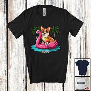 MacnyStore - Personalized Custom Name Corgi On Flamingo Float; Lovely Summer Hawaii Pool Beach T-Shirt