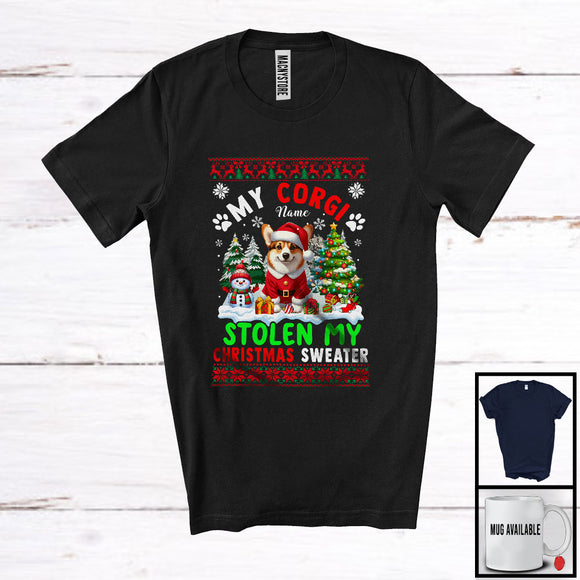 MacnyStore - Personalized Custom Name Corgi Stolen My Christmas Sweater; Amazing X-mas Santa Snow T-Shirt