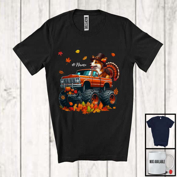 MacnyStore - Personalized Custom Name Corgi Turkey On Monster Truck; Joyful Thanksgiving Fall Leaf T-Shirt