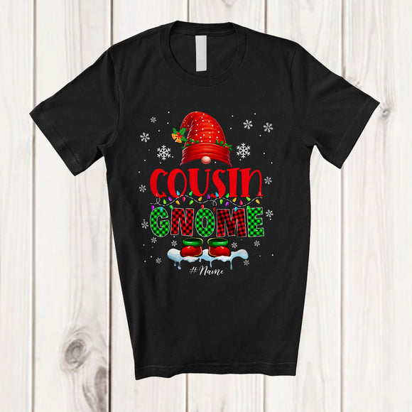 MacnyStore - Personalized Custom Name Cousin Gnome Crew; Wonderful Christmas Lights Plaid Gnome; Family T-Shirt