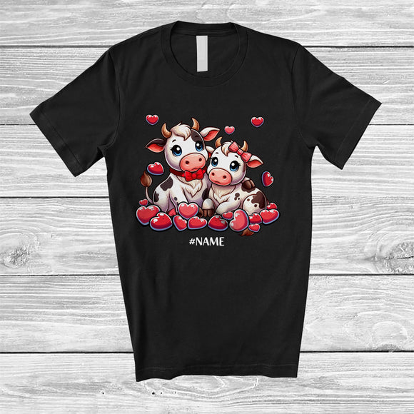 MacnyStore - Personalized Custom Name Cow Couple; Lovely Valentine Hearts Cow Farm Farmer; Family Group T-Shirt