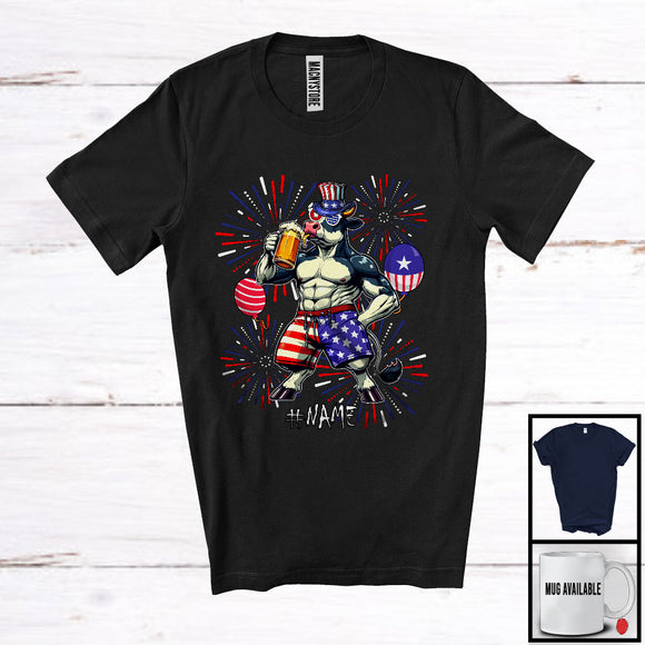 MacnyStore - Personalized Custom Name Cow Drinking Beer, Lovely 4th Of July Fireworks, Farmer Patriotic T-Shirt