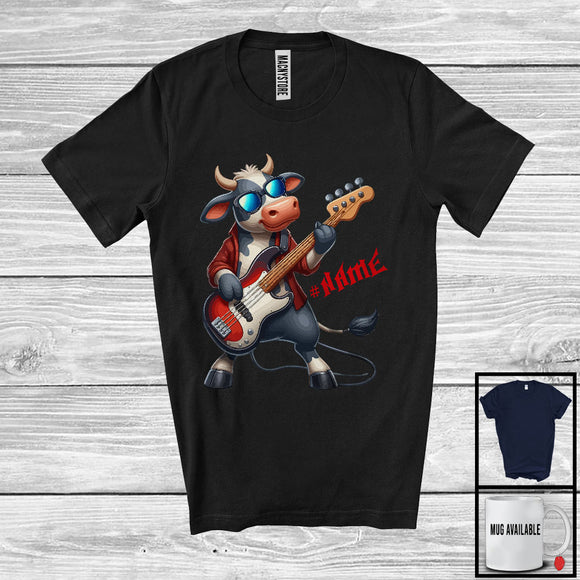 MacnyStore - Personalized Custom Name Cow Playing Guitar Rock; Joyful Music Bass Guitar Farmer T-Shirt