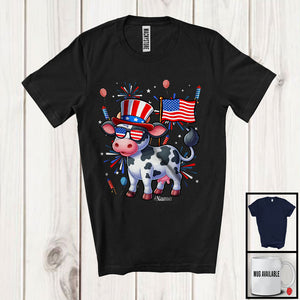 MacnyStore - Personalized Custom Name Cow, Lovely 4th Of July American Flag Fireworks, Cow Patriotic T-Shirt