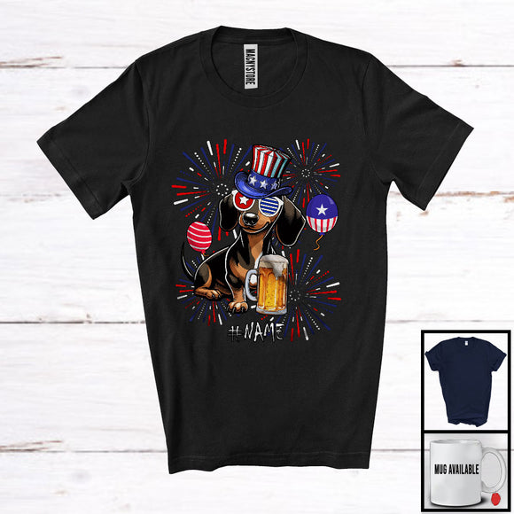 MacnyStore - Personalized Custom Name Dachshund Drinking Beer, Lovely 4th Of July Fireworks, Patriotic T-Shirt