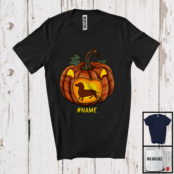 MacnyStore - Personalized Custom Name Dachshund In Plaid Pumpkin; Creepy Halloween Animal Family T-Shirt