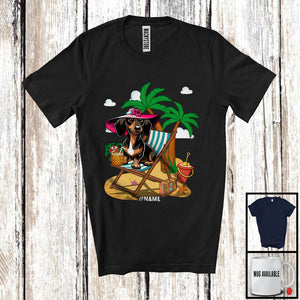 MacnyStore - Personalized Custom Name Dachshund On Beach, Lovely Summer Vacation Palm Tree, Family T-Shirt