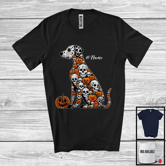 MacnyStore - Personalized Custom Name Dalmatian Skull Pumpkin Shape; Creepy Halloween Animal Lover T-Shirt