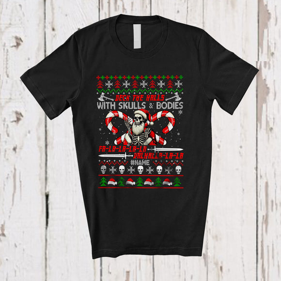 MacnyStore - Personalized Custom Name Deck The Halls; Joyful Christmas Santa Skeleton; Valhalla Sweater T-Shirt