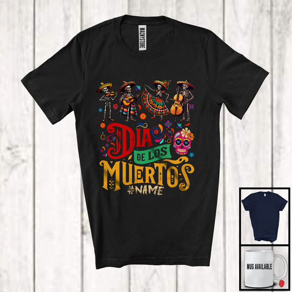 MacnyStore - Personalized Custom Name Dia De Los Muertos; Colorful Mexican Four Guitarist Skeletons; Music T-Shirt