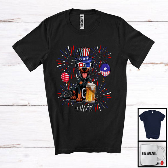 MacnyStore - Personalized Custom Name Doberman Drinking Beer, Lovely 4th Of July Fireworks, Patriotic T-Shirt