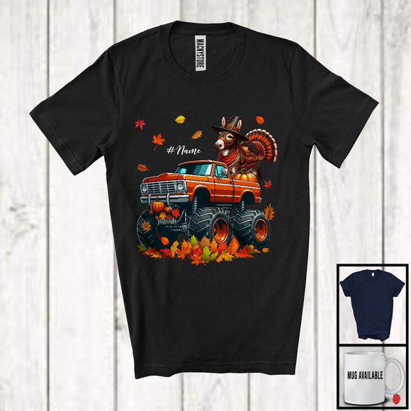 MacnyStore - Personalized Custom Name Donkey Turkey On Monster Truck; Joyful Thanksgiving Fall Leaf T-Shirt