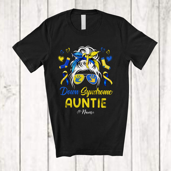 MacnyStore - Personalized Custom Name Down Syndrome Auntie; Lovely Mother's Day Messy Bun Hair; Family T-Shirt