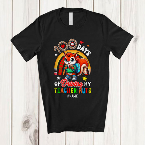 MacnyStore - Personalized Custom Name Driving My Teacher Nuts; Lovely 100 Days Of School Squirrel Rainbow T-Shirt