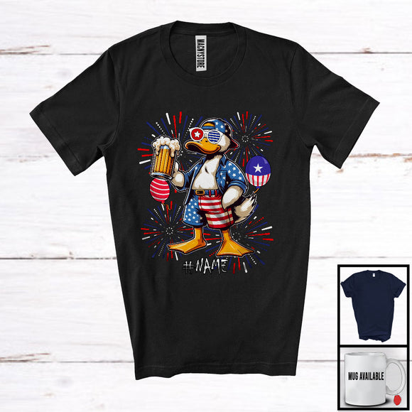 MacnyStore - Personalized Custom Name Duck Drinking Beer, Lovely 4th Of July Fireworks, Farmer Patriotic T-Shirt