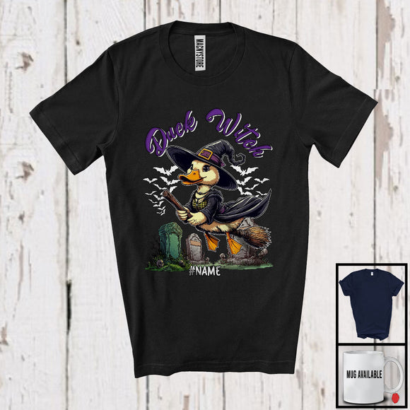 MacnyStore - Personalized Custom Name Duck Witch, Adorable Halloween Duck With Broom, Family Group T-Shirt