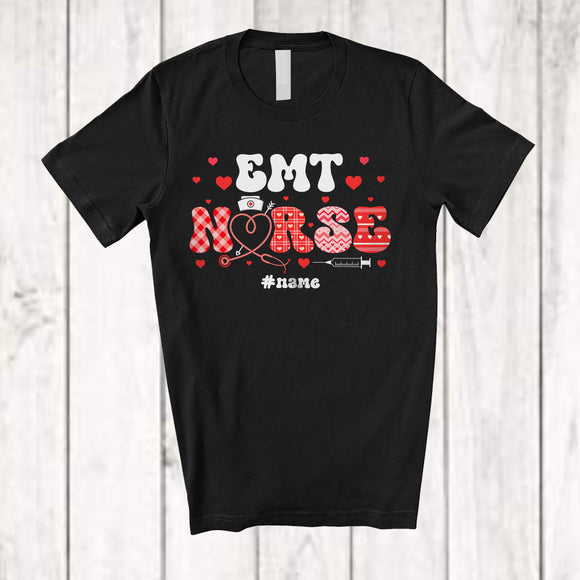 MacnyStore - Personalized Custom Name EMT Nurse; Amazing Valentine Plaid Hearts Stethoscope; Nursing T-Shirt