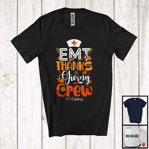 MacnyStore - Personalized Custom Name EMT Thanksgiving Crew; Lovely Autumn Leaves Pumpkin T-Shirt