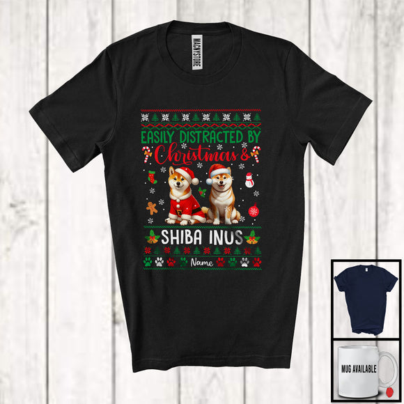 MacnyStore - Personalized Custom Name Easily Distracted By Christmas Shiba Inus; Lovely Sweater Santa Dog T-Shirt