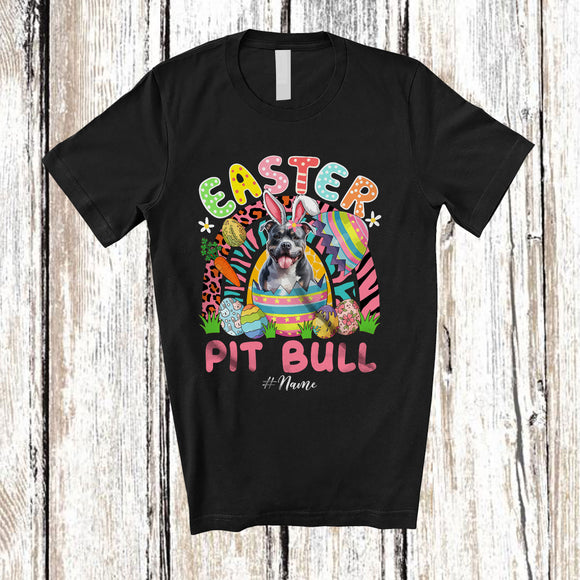 MacnyStore - Personalized Custom Name Easter Pit Bull; Joyful Easter Leopard Rainbow; Eggs Hunting T-Shirt