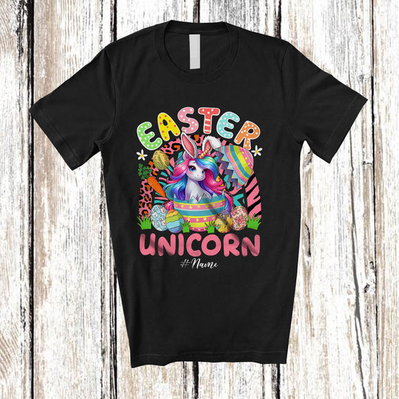 MacnyStore - Personalized Custom Name Easter Unicorn; Joyful Easter Leopard Rainbow; Eggs Hunting T-Shirt