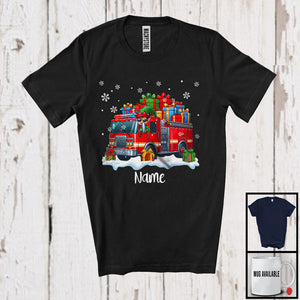 MacnyStore - Personalized Custom Name Elf Driving Fire Truck, Adorable Christmas ELF Driver, X-mas Team T-Shirt