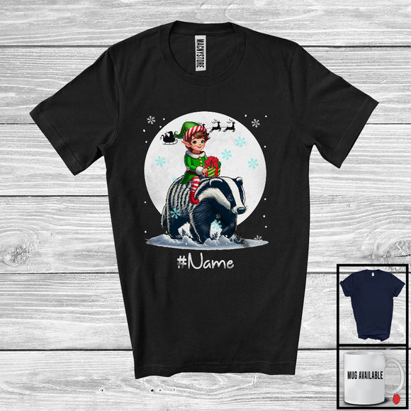 MacnyStore - Personalized Custom Name Elf Riding Badger, Joyful Christmas Moon Snow Badger, X-mas Team T-Shirt