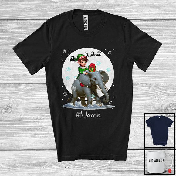 MacnyStore - Personalized Custom Name Elf Riding Elephant, Joyful Christmas Moon Snow Elephant, X-mas Team T-Shirt