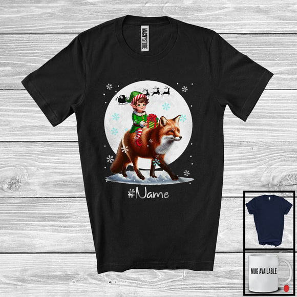 MacnyStore - Personalized Custom Name Elf Riding Fox, Joyful Christmas Moon Snow Fox, X-mas Team T-Shirt