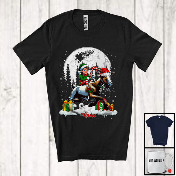 MacnyStore - Personalized Custom Name Elf Riding Goat Santa; Cheerful Christmas Snowing; Animal Farmer T-Shirt