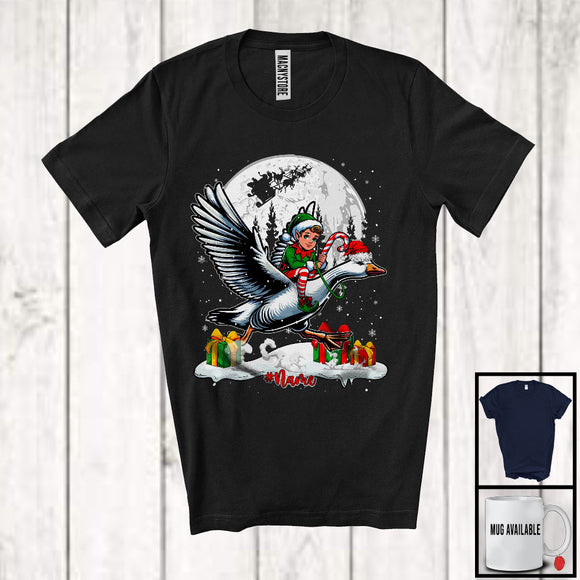 MacnyStore - Personalized Custom Name Elf Riding Goose Santa; Cheerful Christmas Snowing; Animal Farmer T-Shirt