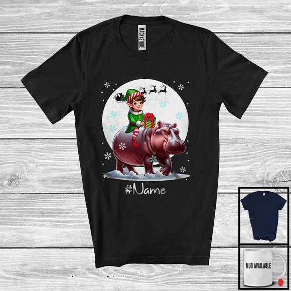 MacnyStore - Personalized Custom Name Elf Riding Hippo, Joyful Christmas Moon Snow Hippo, X-mas Team T-Shirt